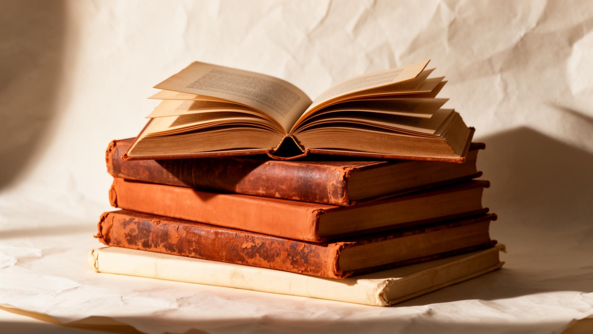 Composição editorial de livros antigos em tons terracota